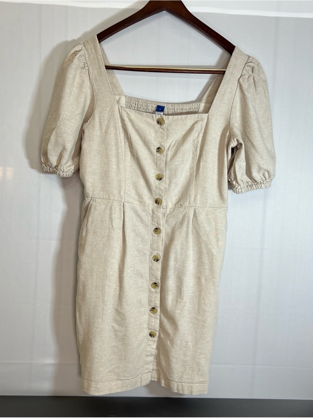 Old Navy Linen Blend Dress L Puff Sleeve Cottagecore Button Front